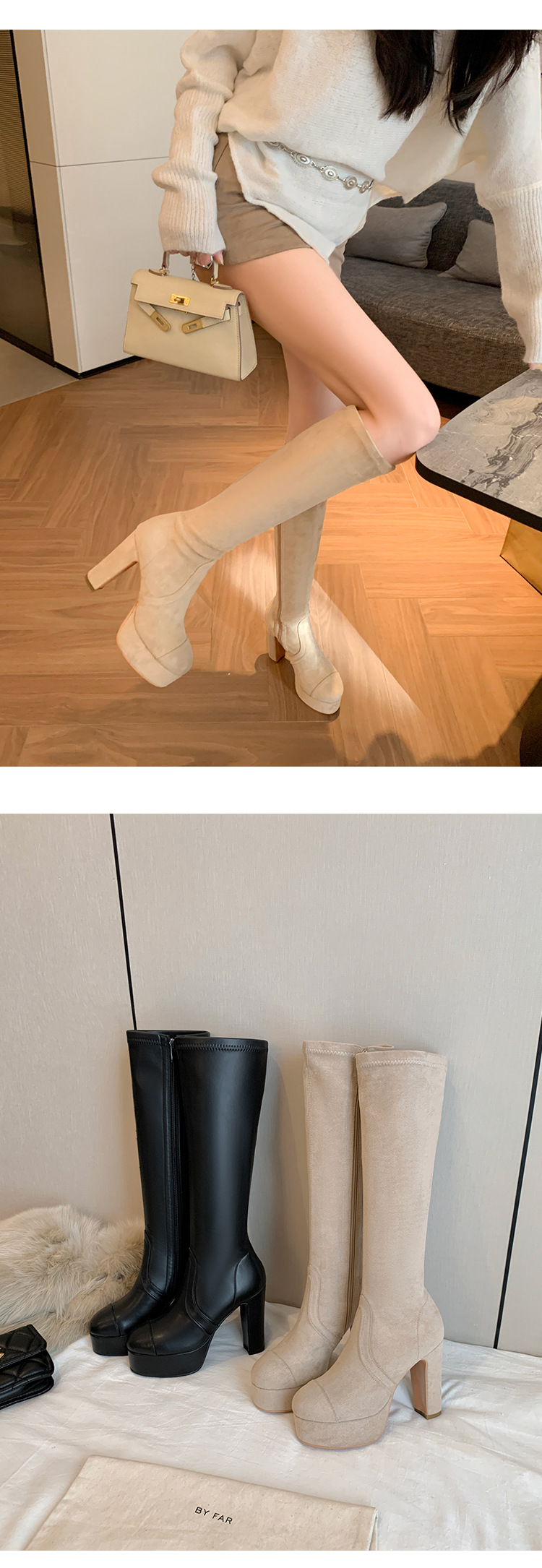 Boot nữ cổ cao ôm bắp chân gót 11cm đế platform mũi tròn — Quả mơ ống nhỏ đơn li, Lớp lót nhung lớn màu đen, Lớp lót nhung ống nhỏ màu mơ, Ống nhỏ màu đen đơn li chi tiết 10