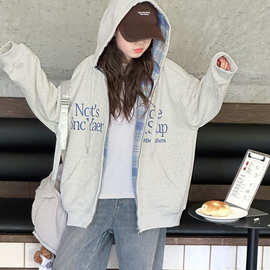 女童秋装格子拼接长袖外套2025新款中大童韩版开衫字母印花上衣潮