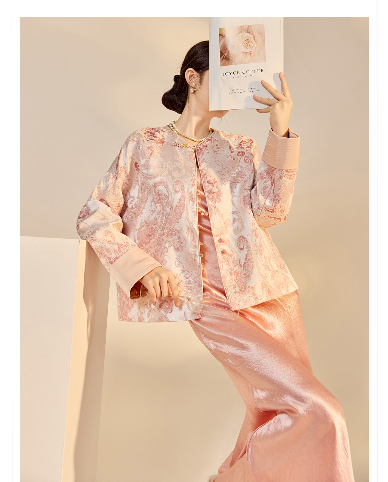 Áo khoác nữ kiểu Trung Hoa mới, chất liệu jacquard họa tiết nổi, phối khuy cài, form suông thu đông N9025 — Miju [phiên bản cotton], Hồng nhạt [phiên bản cotton], hồng nhạt, cơm cam chi tiết 24