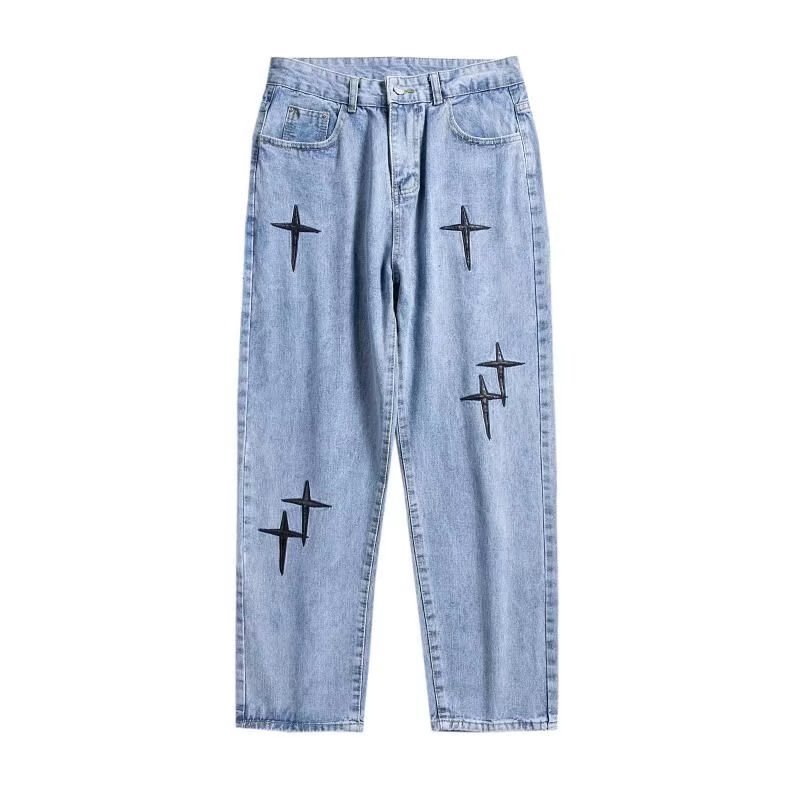 Pantalones vaqueros de los hombres de otoño nacional de moda de la Calle Cruz parche bordado suelto recto ancho vaca ins moda marca pantalones largos