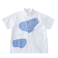 日系小清新学院风设计感剪裁蓝色格子拼接娃娃领短袖衬衫女