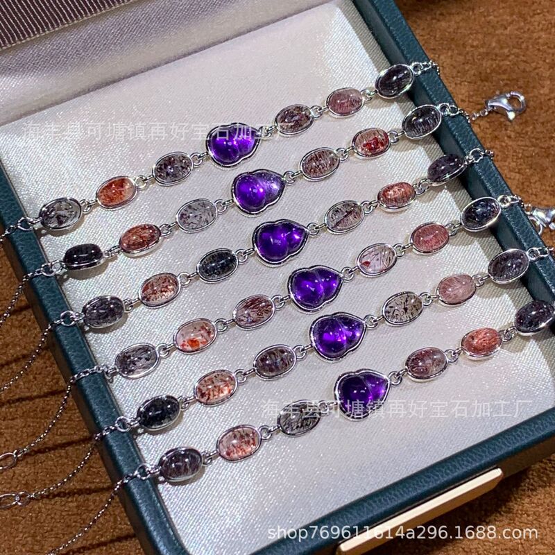 Natural Super Seven Crystal Bracelet Gourd Amethyst S925 Silver Inlaid Gift for Women Super Seven Cross-Border Hot Sale Wholesale