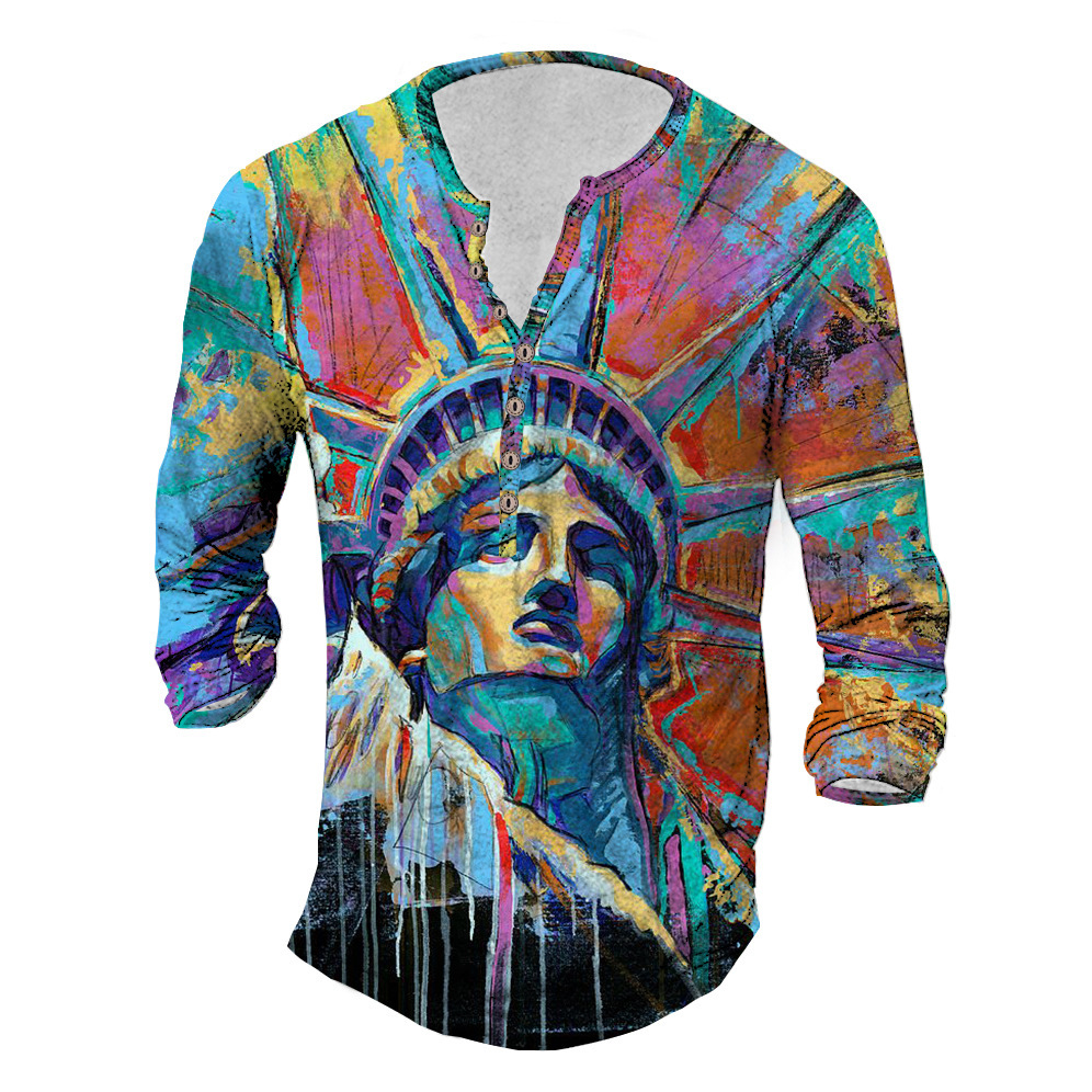 跨境欧美男士T恤亨利衫3d数码印花自由女神像V领亨利领 长袖 男