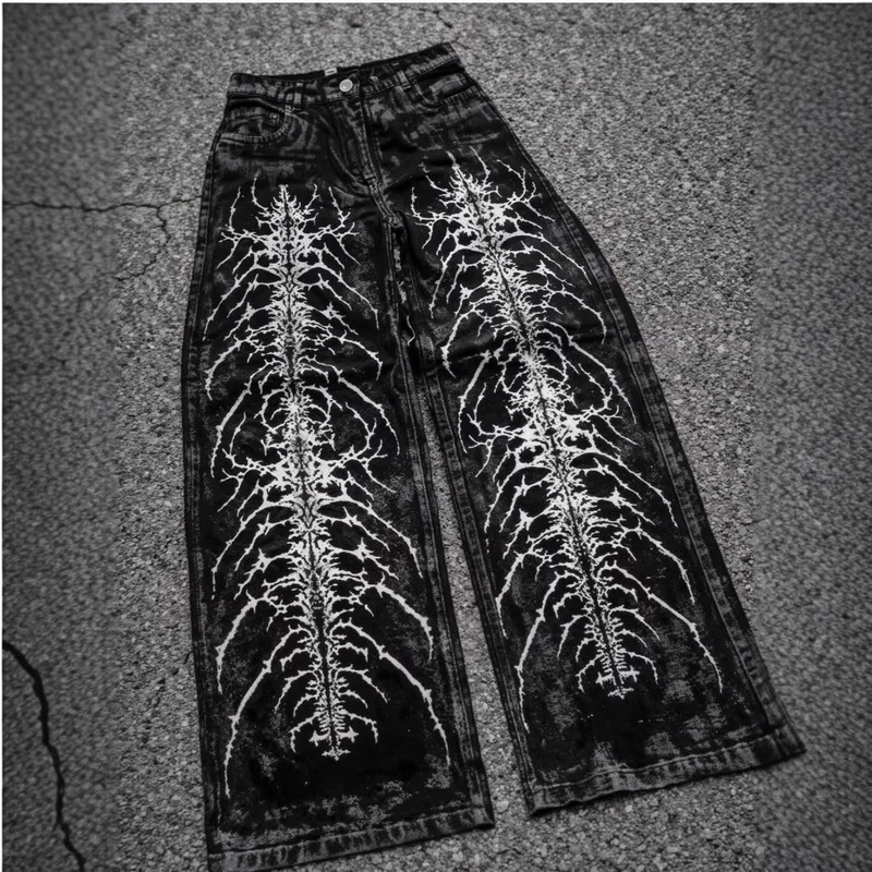 Cross-Border Gothic Retro Jeans for Men, High Street Y2K Dark Print Street Fashion Loose Wide-Leg Straight Pants