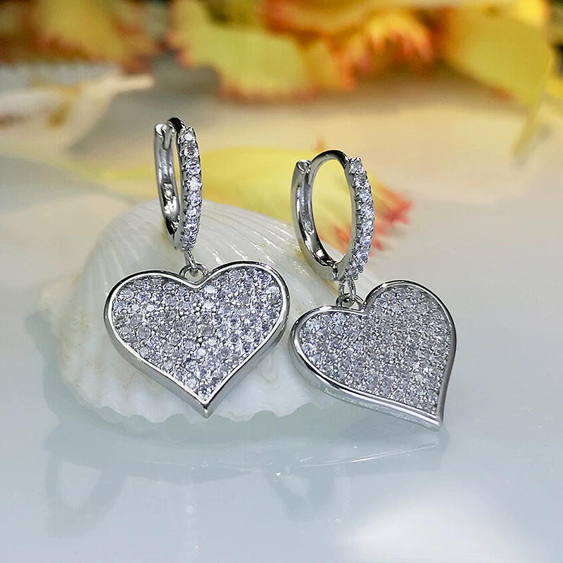 Серебряная игла, стильные серьги, сердце из циркония, аксессуар, образец серебро 925, японский и корейский стиль, корейский стиль, простой и элегантный дизайн, стиль лёгкого люкса