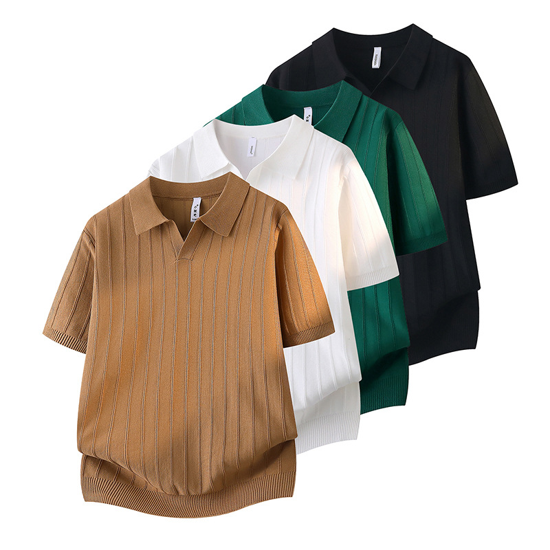 Polo camiseta de punto camiseta de manga corta hombre cuello V gaviota cuello viejo dinero viento rayas camiseta de hielo viejo dinero viento seda enfriamiento