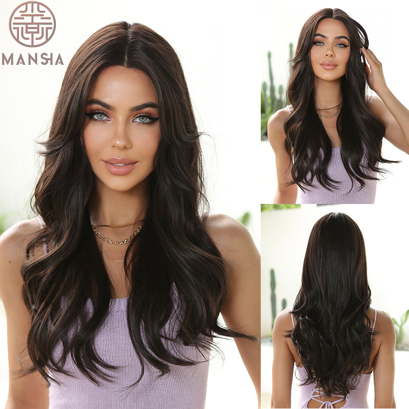 Mansha High Temperature Silk Elegant Style Wig for Women Daily Dark Black Medium Parted Slightly Curly Chemical Fiber Full Headband Wig