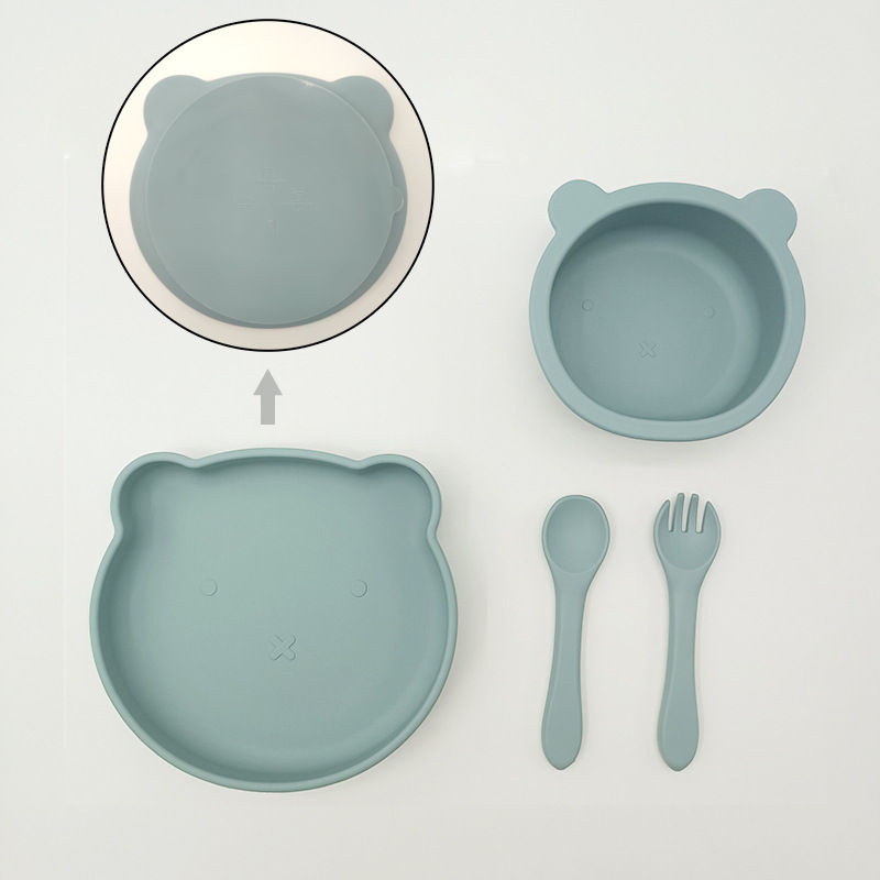 Bebé de alimentación placa cuchara Tenedor traje grado alimenticio silicona Integrado placa niños dibujos animados oso vajilla materna y infantil