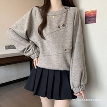 大码女装复古美拉德圆领抽绳卫衣女秋冬胖宽松收腰显瘦长袖上衣