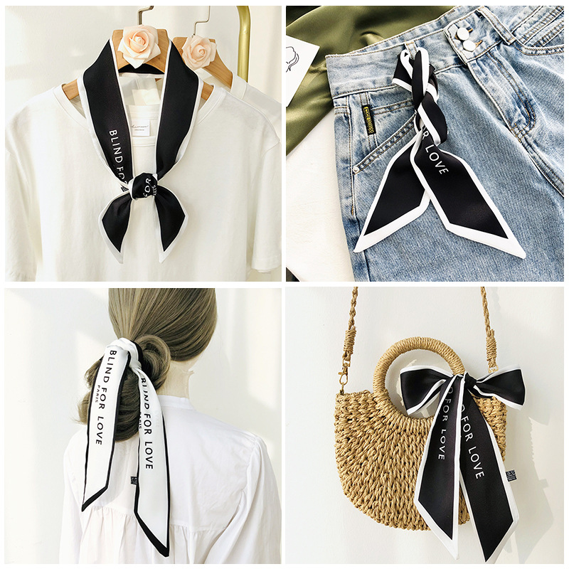 Bufanda de seda francés carta retro delgada bufanda de seda larga estrecha banda de pelo de las mujeres elegante estilo ins bufanda de seda corbata de pelo pequeña bufanda de seda cinta