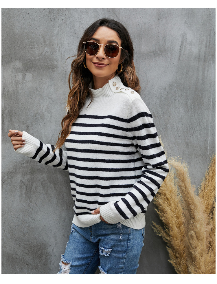 striped loose long-sleeved stand collar pullover sweater nihaostyles clothing wholesale NSYH86776