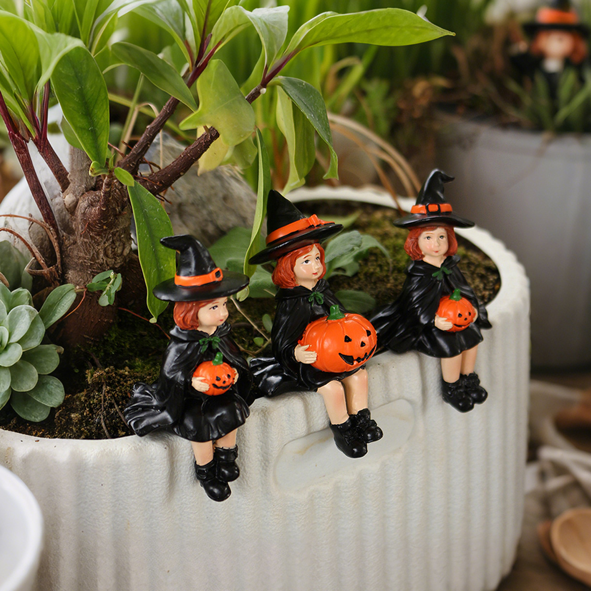  Halloween Night Pumpkin Sitting Witch Set of Three DIY Decoration Accessories Mini Holiday Ornaments Available