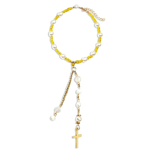 Pearl Chain Bracelet with White Pearls, Rice Beads, and Gold Cross Pendant. White Pearl Cross Bracelet