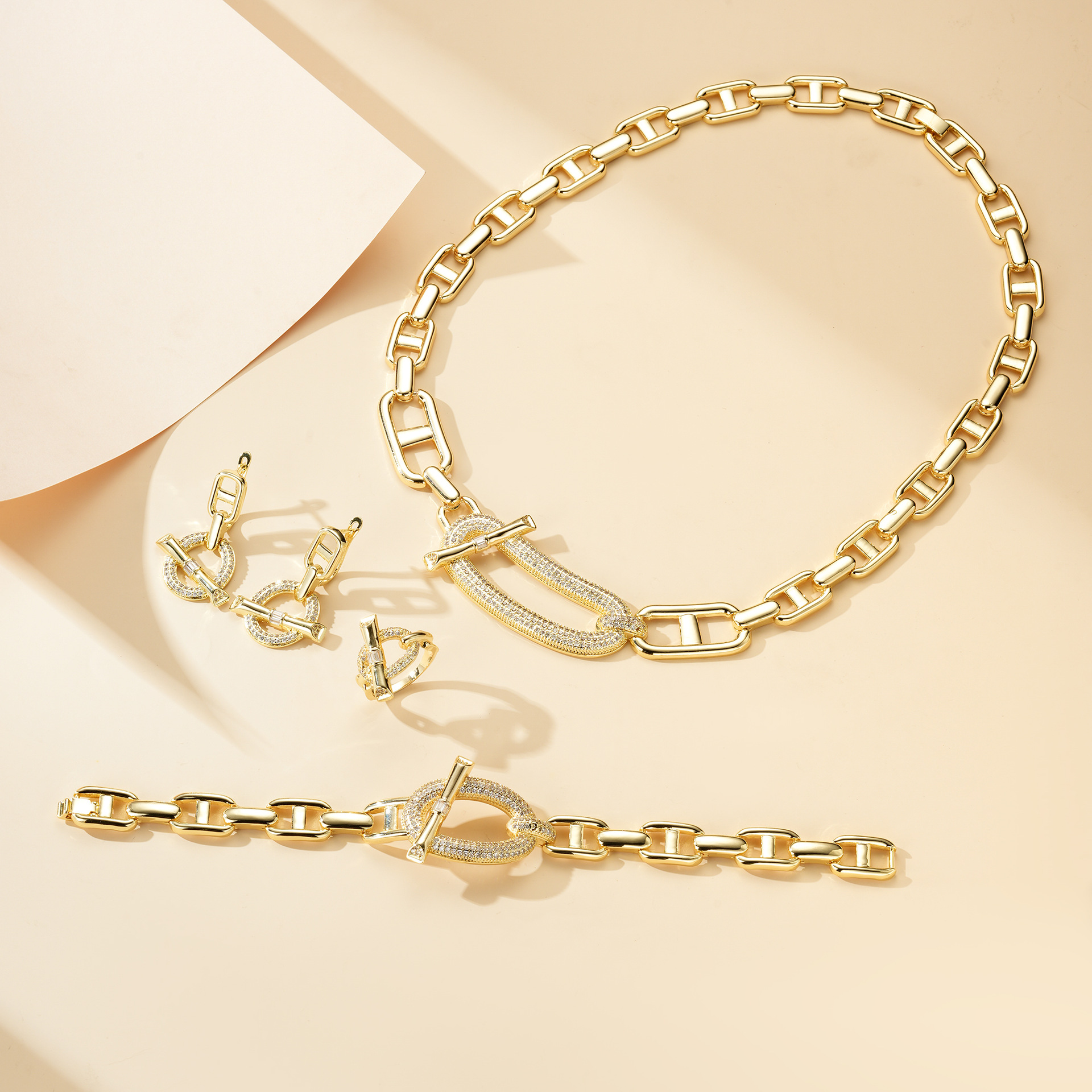 Transfronterizo de moda de alta gama cobre 14k conjunto de joyas barra transversal serie OT pulsera pendientes collar lujo ligero conjunto de cuatro piezas image 5
