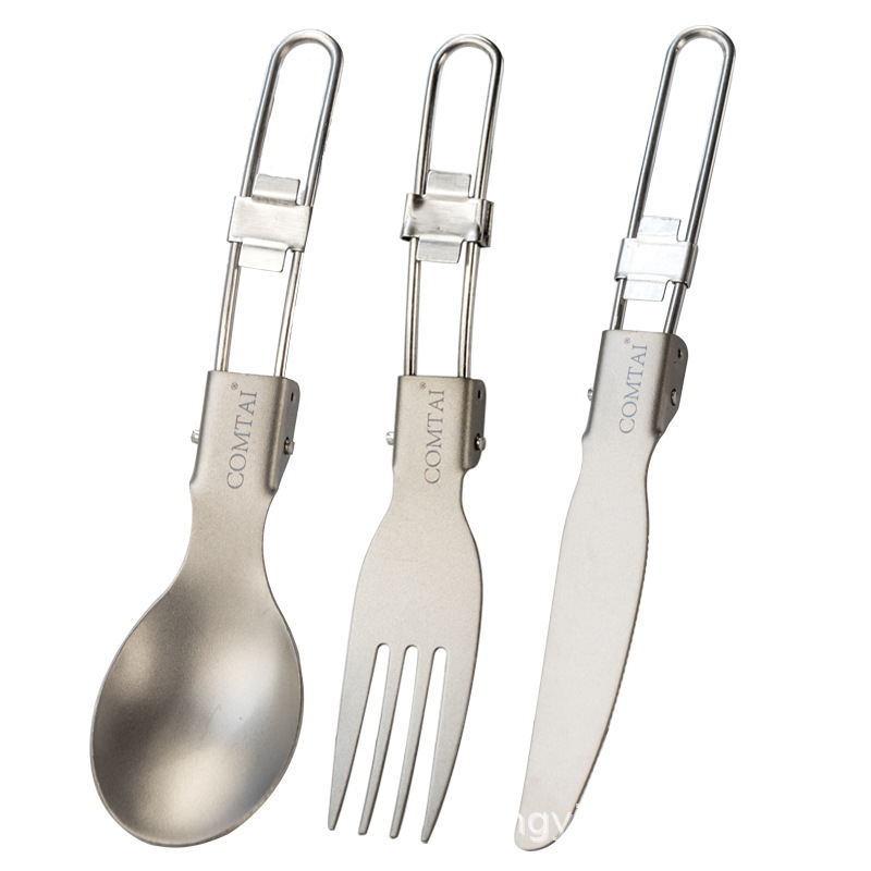 Kangti cuchillo de titanio puro, tenedor y cuchara mango plegable cuchara de titanio al aire libre cuchara de titanio tenedor cuchara salvaje vajilla de picnic traje portátil