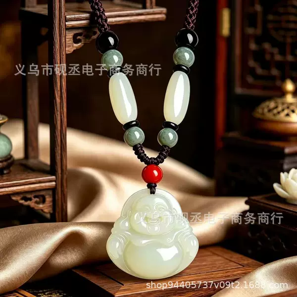 New high-end rope Maitreya Buddha pendant, imitation Hetian jade smiling face big belly Buddha necklace for women, wholesale from manufacturer