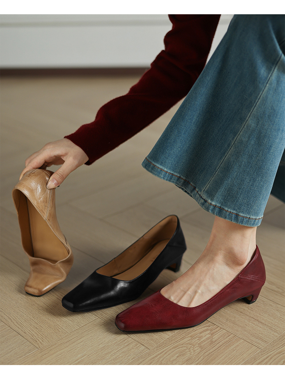 Giày cao gót nữ mũi nhọn da bò mềm gót thấp 3 cm phong cách Hàn Quốc — đen chi tiết 1