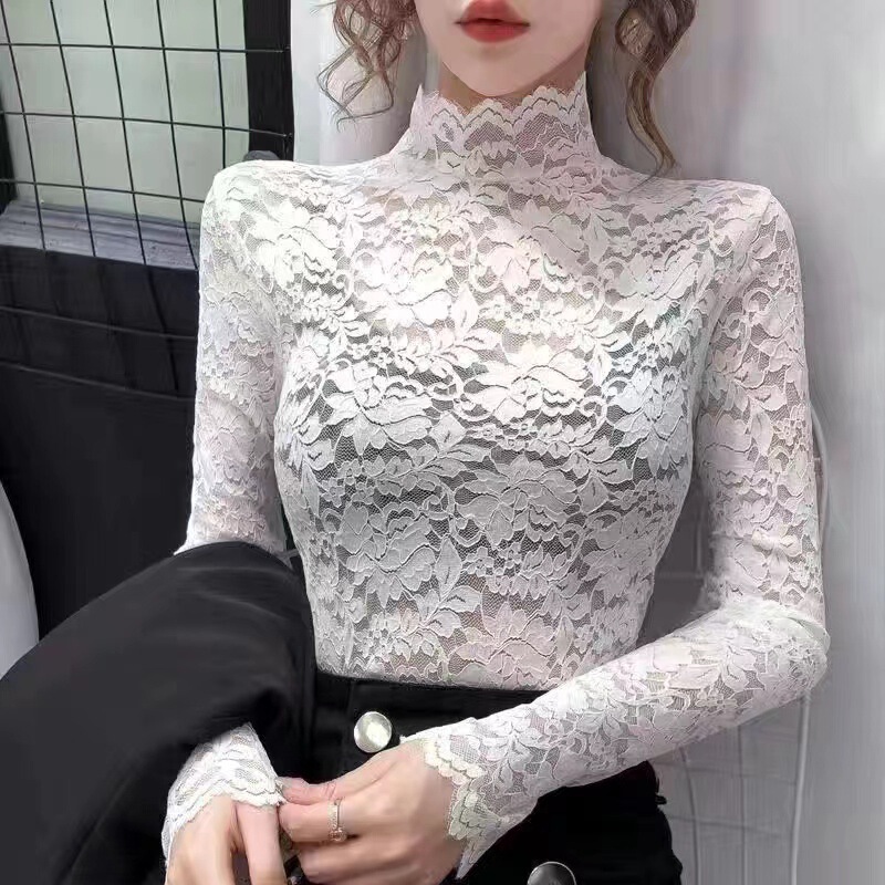 2023春夏レース長袖ボトムシャツ女性半高襟透かし網の上着の偽襟の中にネットの赤い底をつけます。|undefined