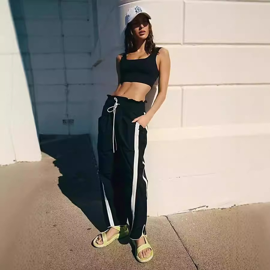 Women's Casual Loose Striped Sweatpants Style High Waist Elastic Drawstring Wide Leg Pants_voghion.com