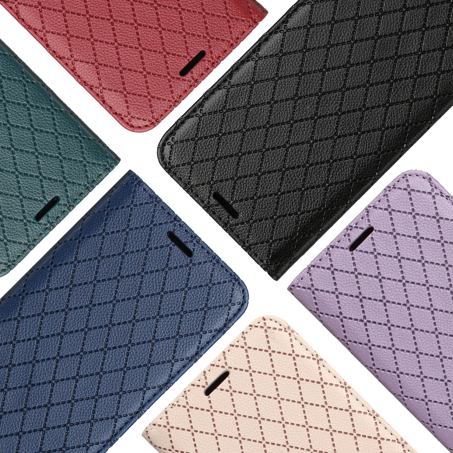 适用于iPhone13手机皮套12Max棱格纹插卡钱包支架保护套i11纯色