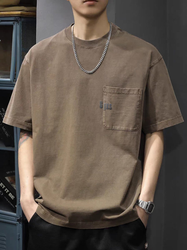 2025アメリカの重いポンドの半袖のtシャツの男性の高密なねじの襟元は水洗いします。|undefined