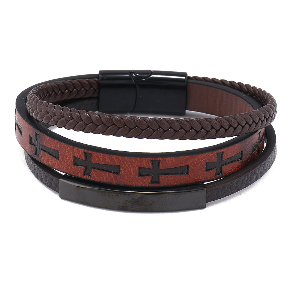 New Cross-Border Jewelry Printed Cross Men's Leather Woven Magnetic Clasp Bracelet European And American Versatile_voghion.com