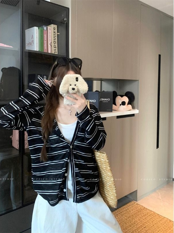 野媛慵懒风条纹连帽长袖外套女早秋防晒罩衫小众休闲宽松拉链上衣|undefined