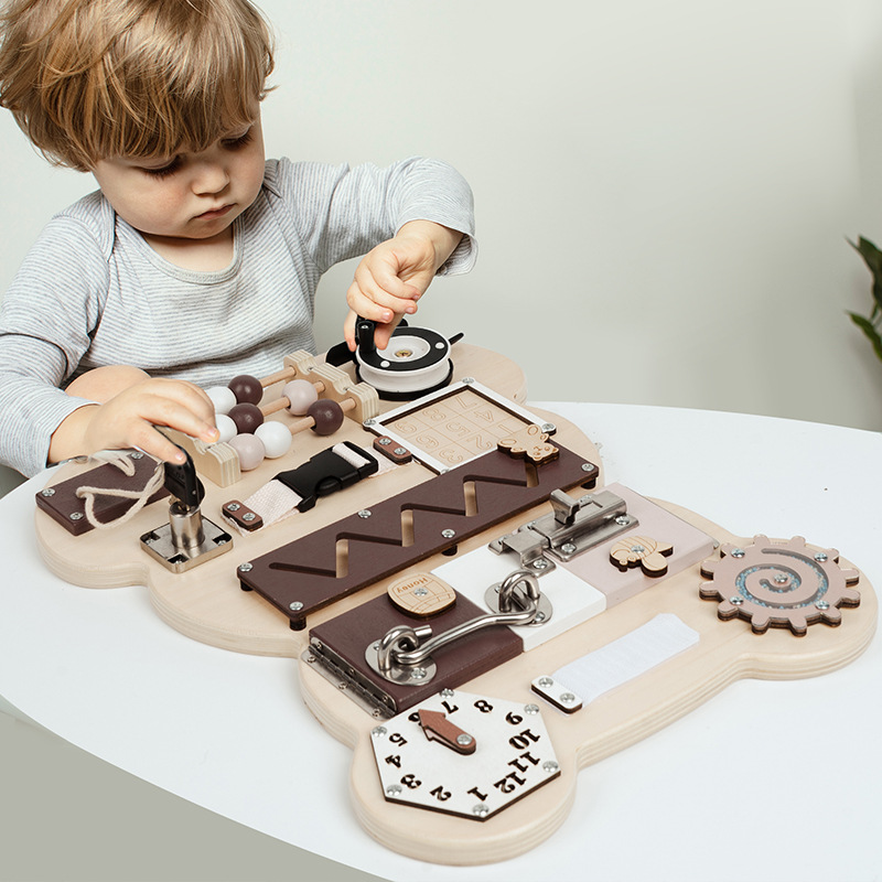 Cross-Border Wooden Children's Montessori Teaching Aids Bear Busy Board Mechanism Unlocking Baby Enlightenment Early Education Educational Toys