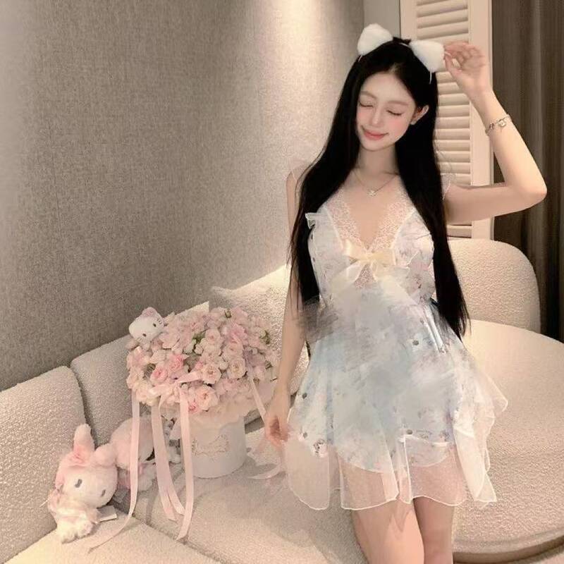Hot Suit Angel Kitten Suspender Shorts Pajamas Women's Summer Ice Silk Lace Sexy Pure Lust Style Nightgown