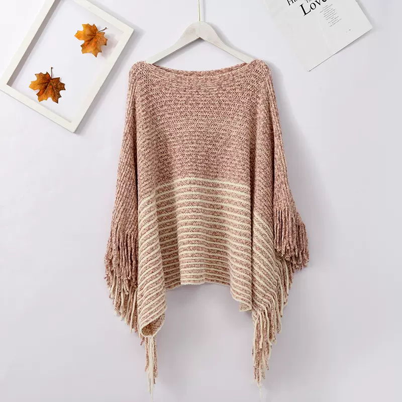 跨境雪尼尔纱一字领套头斗篷欧美时尚开叉流苏披肩北欧风保暖围巾