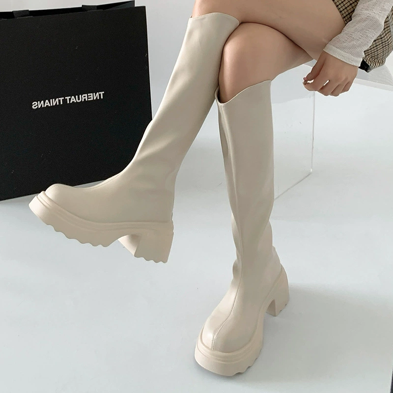 Черные ретро-ботинки на массивной платформе и толстом каблуке до колена для женщин, новинка лета 2025, с V-образным вырезом, стройнящие, увеличивающие рост, для верховой езды