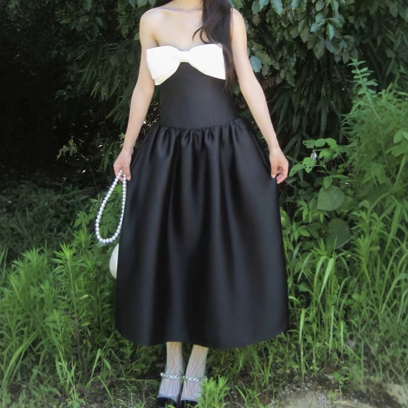 Gown dress for graduation ceremony, white bow strapless dress, slim-fit ball gown, 2026 new vintage style