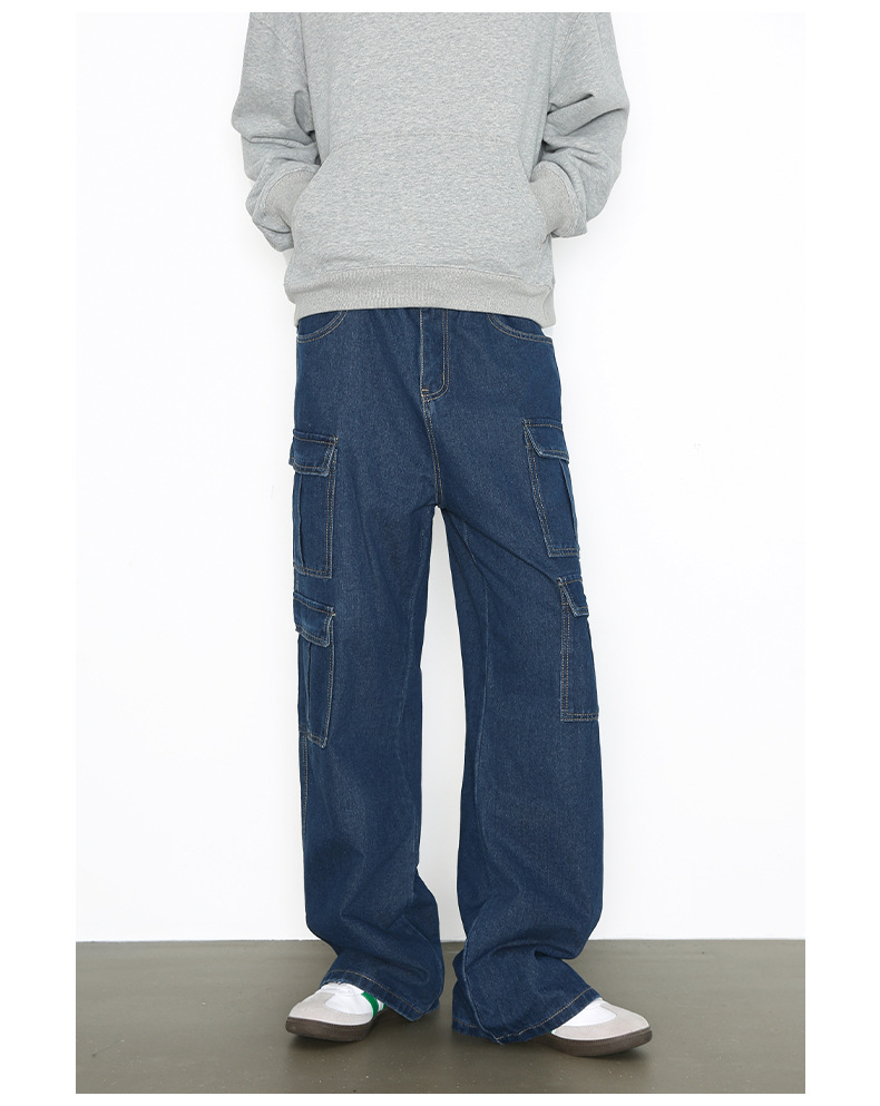 Vintage Washed Denim Cargo Pants - Relaxed Fit Multi-Pocket Workwear Jeans For Men_mkmklike.com