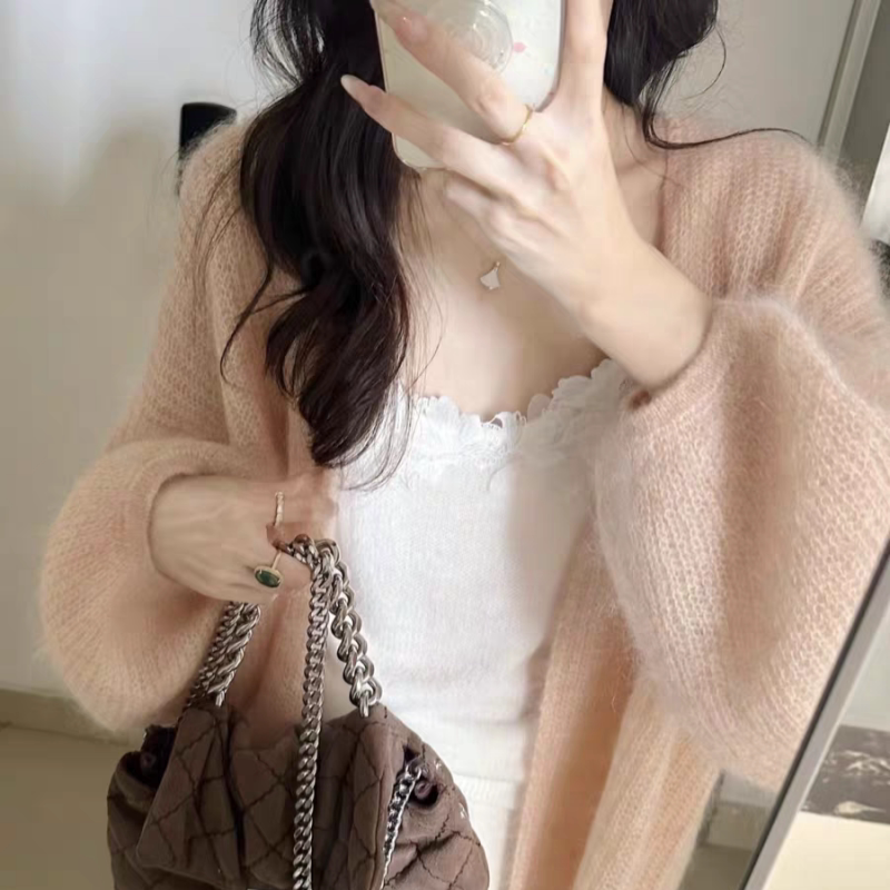 Mohair Pink Gentle Lazy Style Soft and Waxy Korean Style Loose Knitted Cardigan Sweater Jacket for Women Early Autum