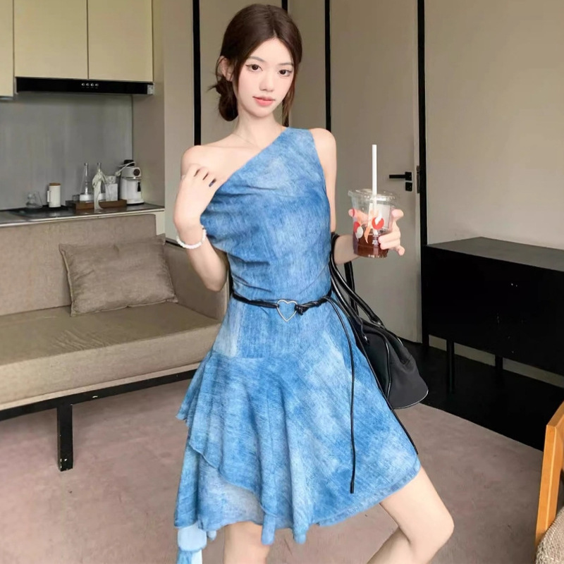 2025夏季新款轻熟风蓝色连衣裙女斜肩荡领无袖a字显瘦不规则短裙|undefined