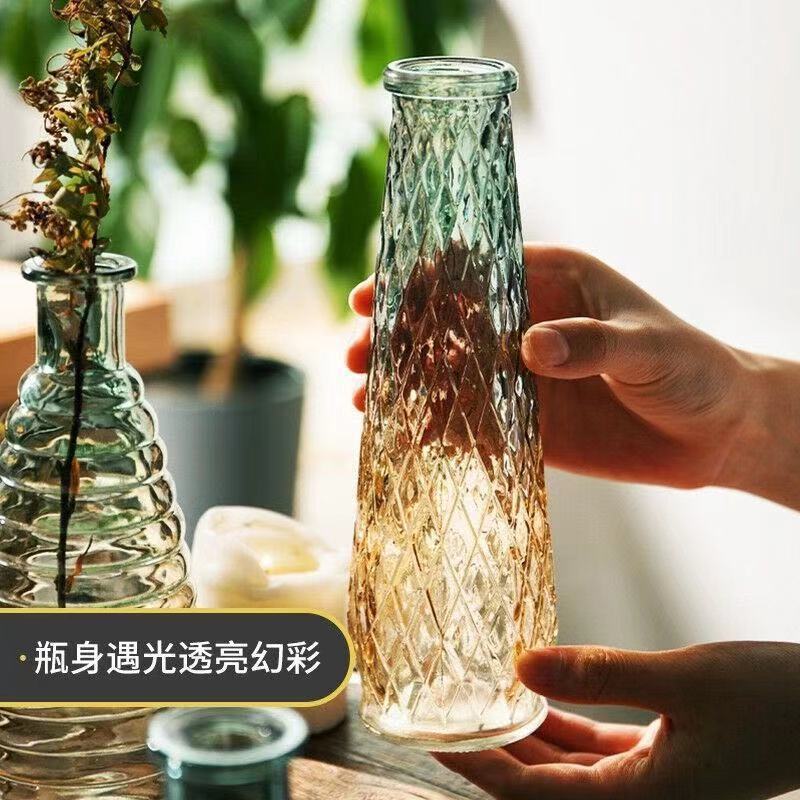 Relieve retrógrado pequeño jarrón transparente decoración de color gradiente para el hogar decoración floral botella de vidrio hidropónico francesa