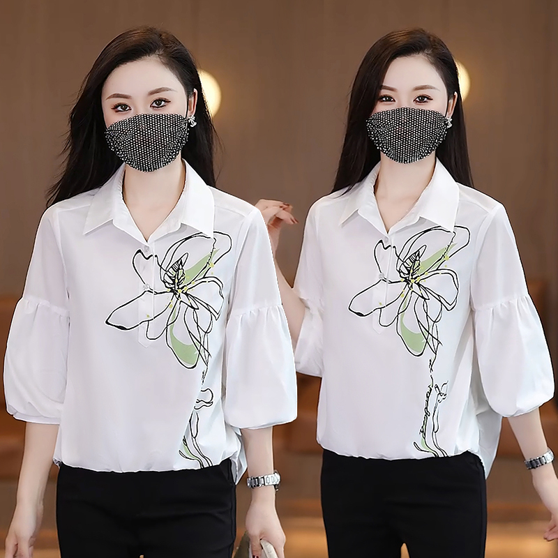 时尚休闲印花衬衫女春秋新款洋气质百搭七分袖衬衣设计感短款上衣|undefined
