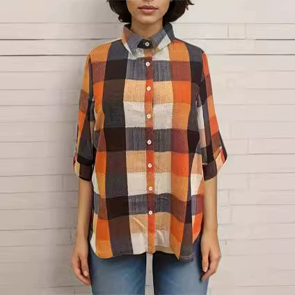 Трансграничный большой размер женская хлопковая и льняная рубашка средней и длинной прикладом лацкана свободная клетчатая куртка женская