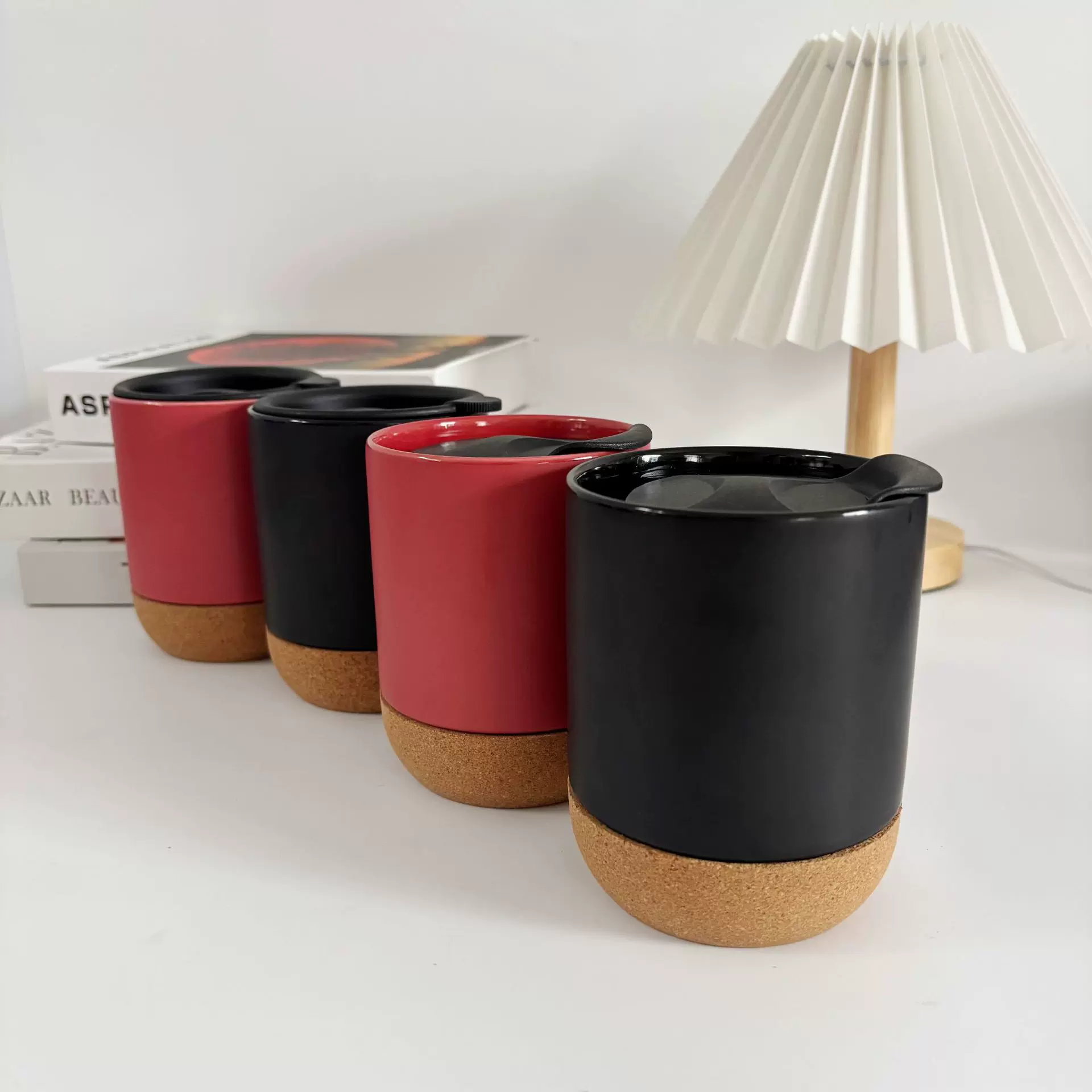 厂家供应无把手软木底马克杯带盖陶瓷咖啡杯水杯