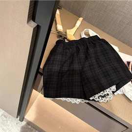 夏季新款透气野餐短款 复合绿格子短裤蕾丝花边拼接休闲短裤女
