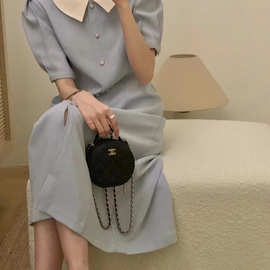 韩国chic夏翻领优雅蓝色连衣裙女收腰显瘦夏季单排扣中长款连衣裙