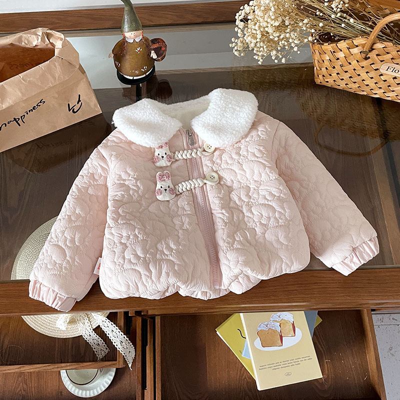 【现货】女童加绒外套2025秋冬加绒盘扣翻领花纹格上衣QW259713