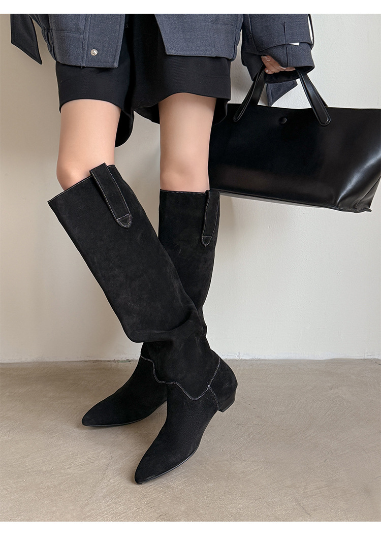 Boot nữ cổ thấp mũi nhọn gót thấp ống xếp ly chất da lộn — màu đen, màu xám, màu mơ chi tiết 20
