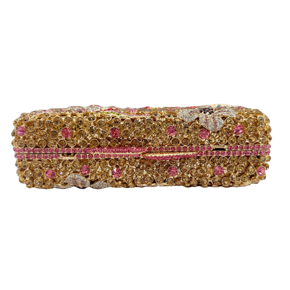 Túi clutch dạ hội nạm kim cương hoa hộp kim loại cứng — màu vàng chi tiết 2