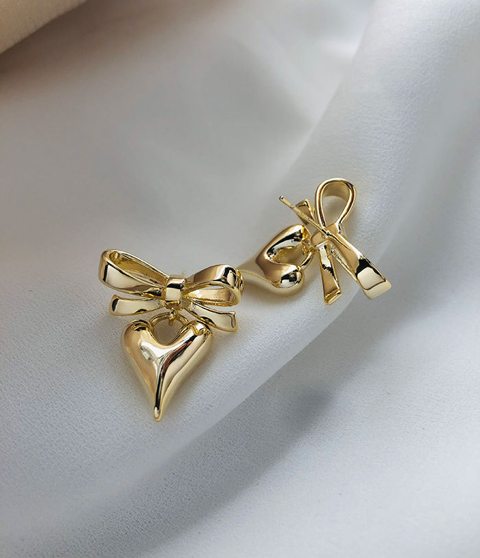 Copper Material 1 Pair Simple Style Heart Shape Bow Knot Copper 18K Gold Plated Drop Earrings