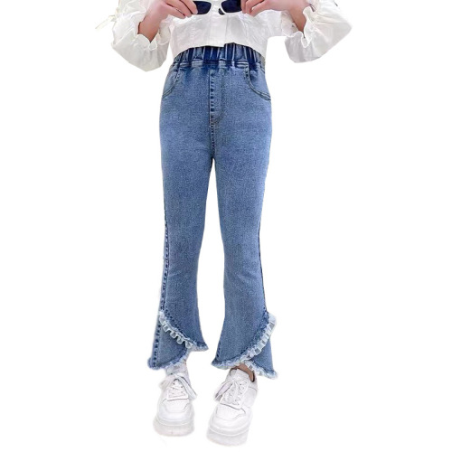 Girls' trousers for spring and autumn outer wear new style stretchy slim denim bell bottoms children's spring trousers