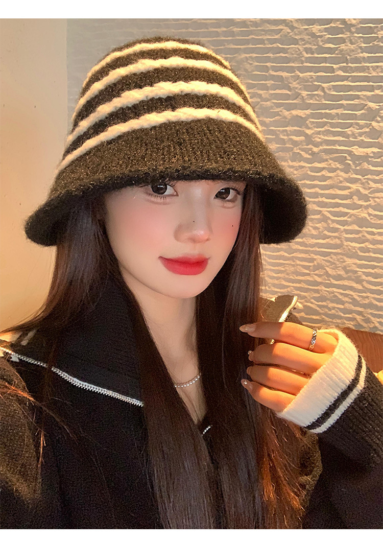 Cappello da pescatore in peluche retrò a righe in stile giapponese per donna, autunno e inverno, caldo, versatile, a tesa larga, snellente per il viso_voghion.com