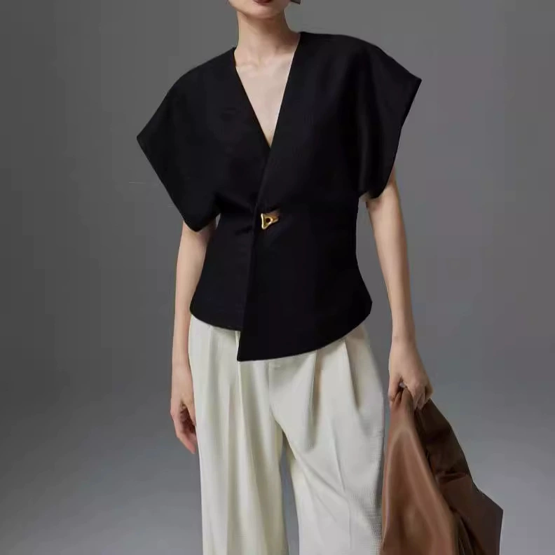 Рубашка, летний асимметричный костюм, жилет, французский стиль, качественный стиль