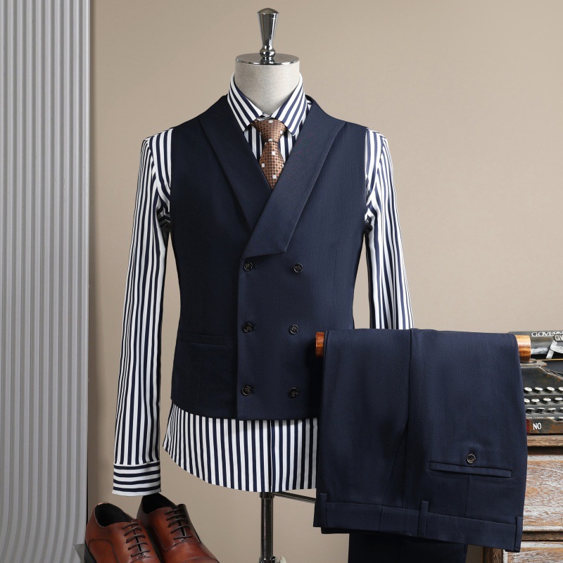 Men's Double Breasted Three Piece Suit Business Casual Korean Style Trendy Wedding Attire For Groomsmen Wrinkle Resistant_voghion.com