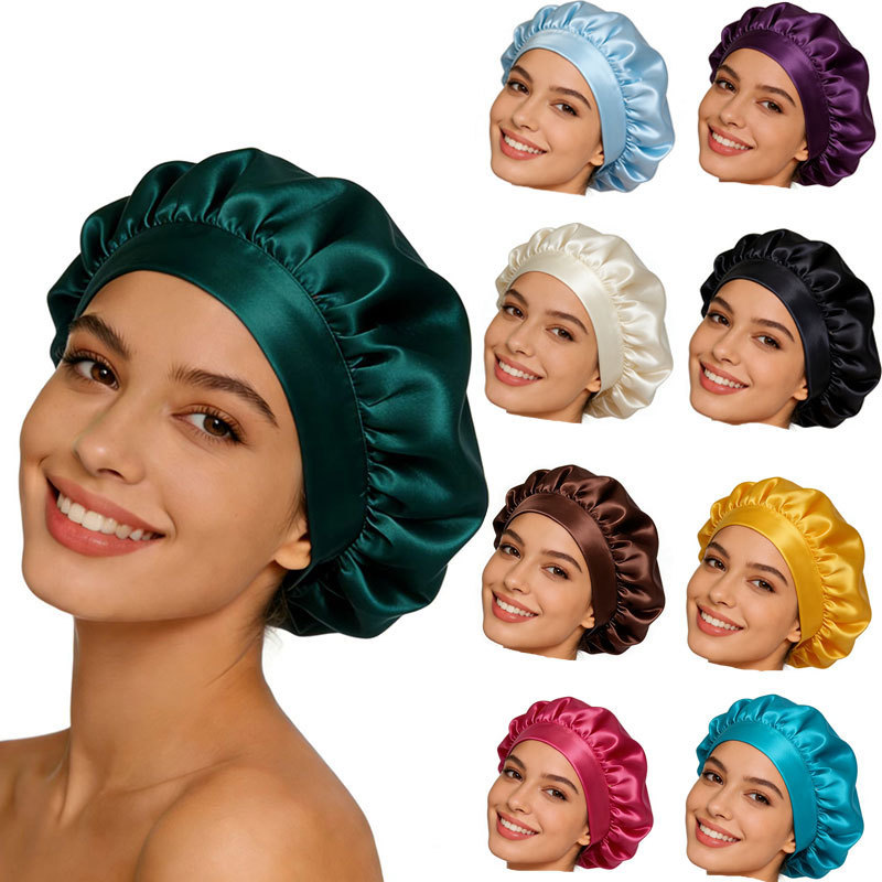 Cross-border Amazon faux silk satin wide-brimmed sleep cap for men and women, hair care and beauty postpartum cap, fashionable elastic shower cap Cross-border Amazon faux silk satin wide-brimmed sleep cap for men and women, hair care and beauty postpartum cap, fashionable elastic shower cap